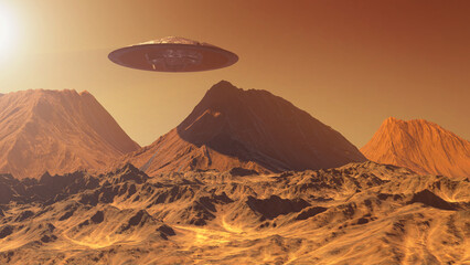 3d rendering, Massive Ufo saucer hovering over mountain on planet mars, 3d illustration