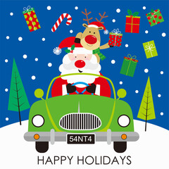 christmas card with santa claus and reindeer on the car