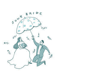 傘をさした新郎新婦、ウエディング、結婚式、文字あり（横、左配置）