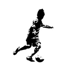 Fototapeta na wymiar Little boy playing soccer. Footballer. Child kicking the ball, isolated vector silhouette, ink drawing