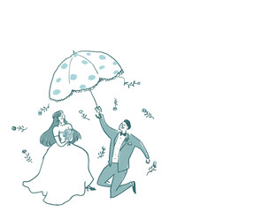 傘をさした新郎新婦、ウエディング、結婚式、文字なし（横、左配置）