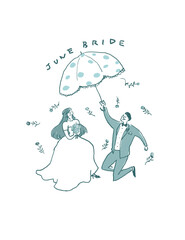 傘をさした新郎新婦、ウエディング、結婚式、文字あり（縦、中央配置）