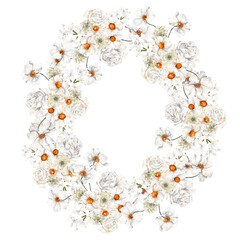 Watercolor wreath with white flowers, green leaves and sea shells, coral, isolated on white background