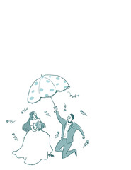 傘をさした新郎新婦、ウエディング、結婚式、文字なし（縦、左下配置）