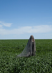 a woman stands in a green field against a blue sky and poses standing with a translucent fabric tossing it