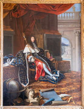 Paris, France - March 17, 2018: Painting  of Henri Testelin of the  Portrait of Louis XIV protector of the academy (Louis XIV protecteur de l'académie)