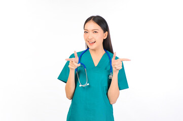 Portrait of professional confident young asian female smiling doctor in green scrubs, doctor healthcare and doctors concept.