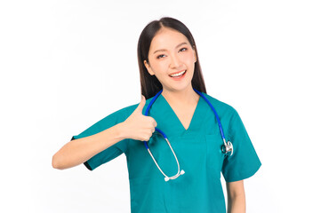 Portrait of professional confident young asian female smiling doctor in green scrubs hands pointing showing thumbs up, presenting with copy space, doctor healthcare and doctors concept.