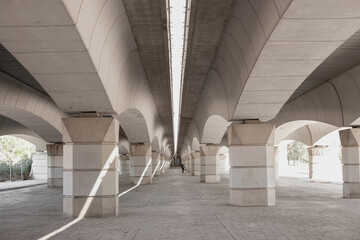 concrete corridor under the bridge, architecture perspective 