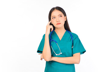 Portrait of professional confident young asian female smiling doctor in green scrubs standing thinking to empty space, doctor healthcare and doctors concept.