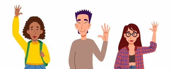 Fashionable men and women in casual clothes say hello. A set of flat vector illustrations with a gesture of greeting people.