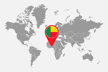 Naklejka premium Pin map with Benin flag on world map. Vector illustration.