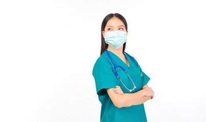 Portrait of professional confident young asian female smiling doctor in green scrubs doctor healthcare and doctors concept.
