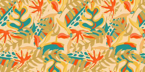 Naklejka premium Aesthetic boho jungle seamless pattern for print design. Boho botanical tropic floral background. Modern exotic floral jungle pattern. Geometric texture. Print design