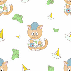 pattern with cat cactus and ship