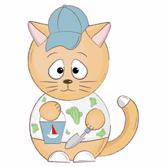 illustration of a cat with a bucket and a shovel
