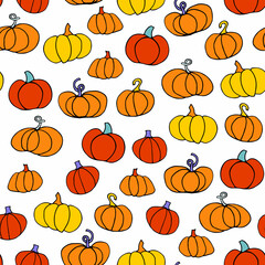 Doodle Pumpkin seamless pattern. Different pumpkin on white background. Orange hand-drawn vegetables. Vector line illustration for package, wallpaper, autumn holidays, markets, Halloween, Thanksgiving
