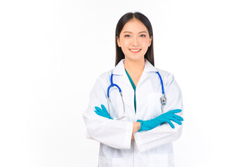 Fototapeta premium portrait asian female doctor with stethoscope in uniform. wearing surgical gloves