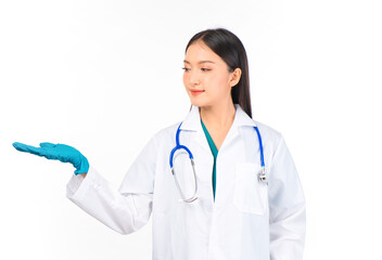 portrait asian female doctor with stethoscope in uniform. wearing surgical gloves