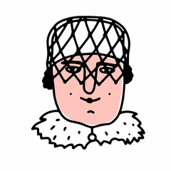 Doodle elderly woman face. Hand-drawn human on white background. Funny grandma in a hat with veil, fur collar. Cartoon cute grandmother. Female portrait. Positive emotions avatar. Vector illustration