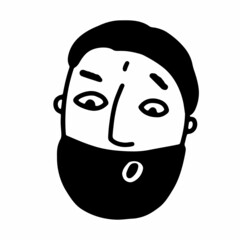 Doodle bearded face. Hand-drawn outline human in shock isolated on white background. Funny Avatar. Cartoon surprised man. Male cute portrait. Hairstyle, mustaches, beard, brow. Vector illustration