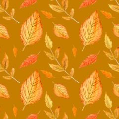 Watercolor autumn pattern, leaves on a brown background. Seamless colorful botanical pattern for various products.