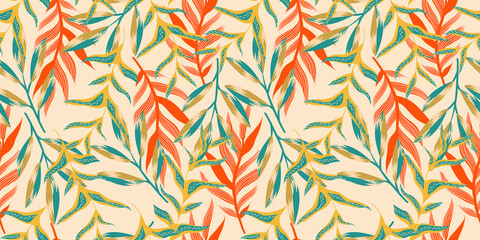 Aesthetic boho jungle seamless pattern for print design. Boho botanical tropic floral background. Modern exotic floral jungle pattern. Geometric texture. Print design
