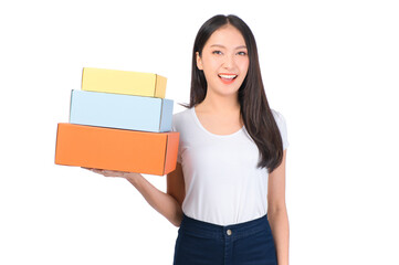 Happy cute asian woman smiling and holding package online marketing and delivery Start a small business at home on white background, Delivery shipping service concept.