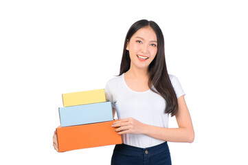Happy cute asian woman smiling and holding package online marketing and delivery Start a small business at home on white background, Delivery shipping service concept.