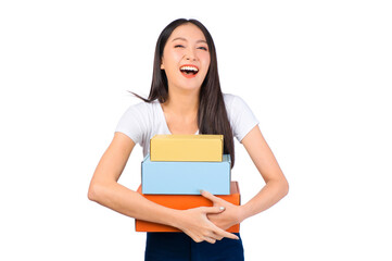 Naklejka premium Happy cute asian woman smiling and holding package online marketing and delivery Start a small business at home on white background, Delivery shipping service concept.