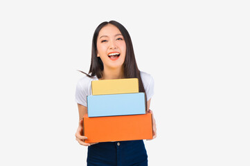 Happy cute asian woman smiling and holding package online marketing and delivery Start a small business at home on white background, Delivery shipping service concept.