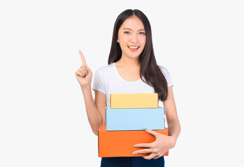 Happy cute asian woman smiling and holding package online marketing and delivery Start a small business at home on white background, Delivery shipping service concept.