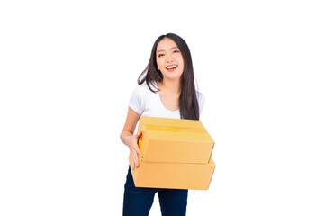 Happy cute asian woman smiling and holding package online marketing and delivery Start a small...