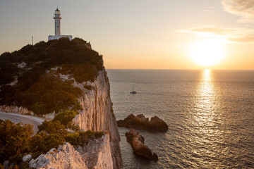 lefkada island lighthouse on the sunset