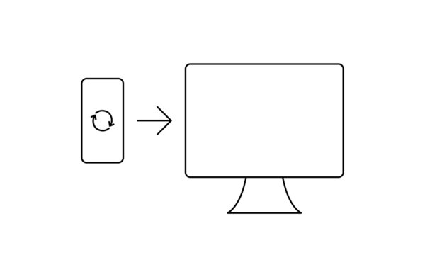 Data synchronization between laptop and smartphone vector thin line icon in black. Data transfer loading process. Synchronization illustration on white. Outline symbol of sync. Arrow pc. EPS 10