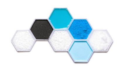 Chemical ingredient in hexagonal molecular shaped container. Polyethylene, Carbon Charcoal Powder,...