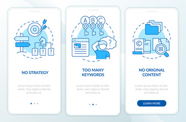 Search engine optimization mistakes blue onboarding mobile app screen. Walkthrough 3 steps editable instructions with linear concepts. UI, UX, GUI template. Myriad Pro-Bold, Regular fonts used