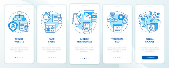 SEO ranking factors blue onboarding mobile app screen. Walkthrough 5 steps editable graphic instructions with linear concepts. UI, UX, GUI template. Myriad Pro-Bold, Regular fonts used - obrazy, fototapety, plakaty