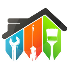 Wrench, screwdriver and paint brush under the roof of the house. Design for repair and service symbol