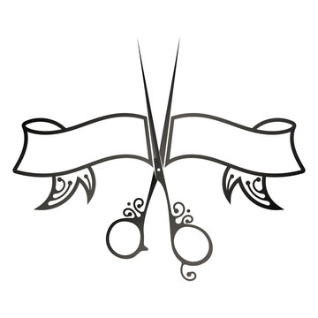 Silhouette of hair stylist scissors and decorative ribbon. Design for hair stylist and beauty salon