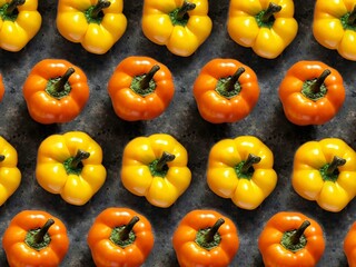 Pattern of yellow and orange sweet bell pepper on black concrete background. Creative flatlay with spring vegetables.