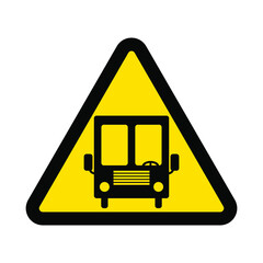 Bus, warning yellow triangular sign isolated on white background, vector illustration
