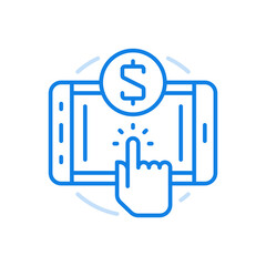 Fototapeta premium Payment via mobile apps vector line icon. Electronic financial transactions and commercial settlements.