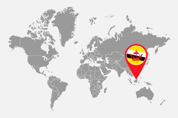 Pin map with Brunei flag on world map. Vector illustration.