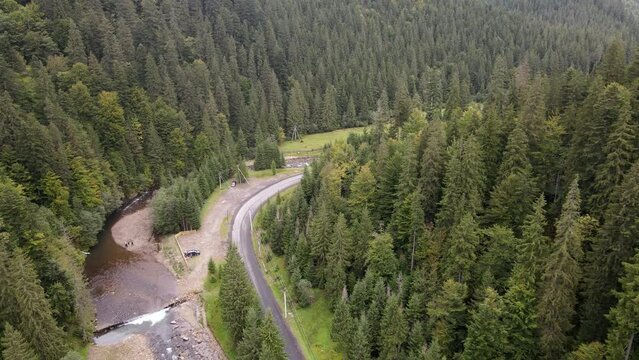 carpathian mountains landscape curvy road aerial view