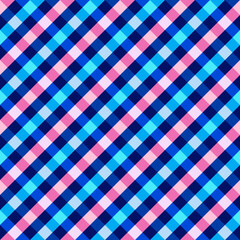 Seamless pattern. Classical cell diagonally. Contrasting pink and blue diagonal lines on a dark blue  background.