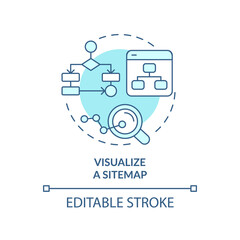 Visualize sitemap turquoise concept icon. Webpages relationship. Advanced SEO abstract idea thin line illustration. Isolated outline drawing. Editable stroke. Arial, Myriad Pro-Bold fonts used