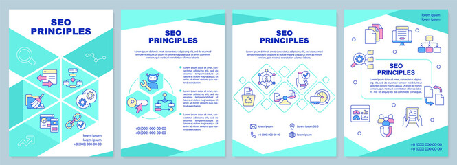 Search engine optimization principles brochure template. Leaflet design with linear icons. Editable 4 vector layouts for presentation, annual reports. Arial-Black, Myriad Pro-Regular fonts used