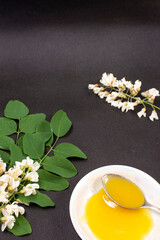 acacia honey on a black background with acacia flowers