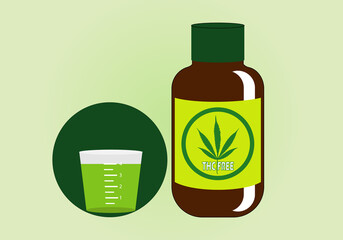 Cannabis. Frasco de jarabe o solución de cannabis con vaso medidor. Legalización del uso terapéutico del cannabis